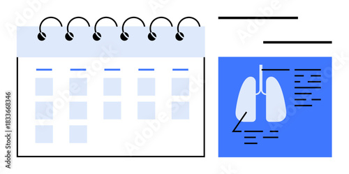 Spiral calendar paired with lung anatomy diagram, showcasing scheduling and health diagnostics. Ideal for healthcare, medical planning, treatment tracking, appointments, research, education