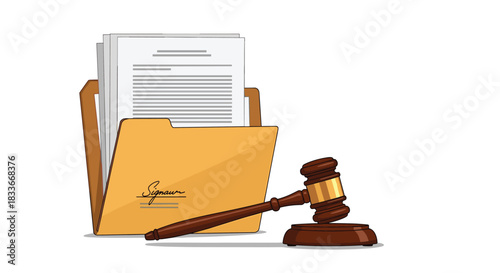 Hand-drawn style illustration of a file folder containing legal documents with a signature, alongside a judge's gavel for legal concepts.