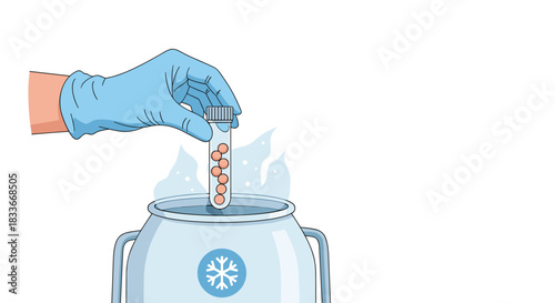 Scientist's gloved hand placing a test tube of cells or eggs into a cryogenic container for cryopreservation in liquid nitrogen.