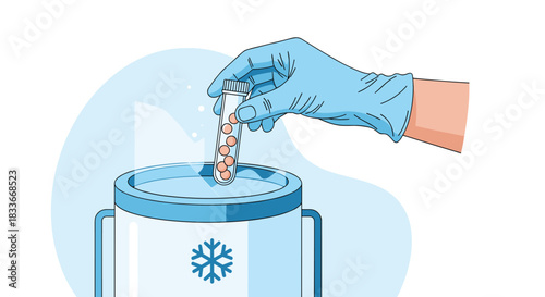 Medical concept of cryopreservation with a gloved hand holding a vial of cells over a dewar flask of liquid nitrogen for storage.
