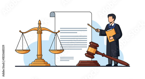 Illustration of a judge in a robe pointing to a legal document, with scales of justice and a gavel representing law and order.