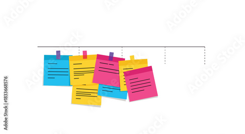 Timeline with a cluster of colorful sticky notes, representing project management, brainstorming, planning, and organizing tasks or ideas.