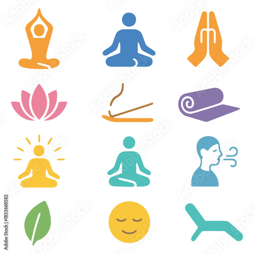Yoga Essentials Icon Set: A vibrant collection of icons representing various elements of yoga, conveying a sense of serenity, wellness, and mindful practice.