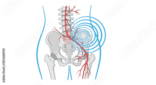 Anatomical illustration of sciatic nerve pain, showing the lower spine, pelvis, and radiating pain signals down the leg artery.