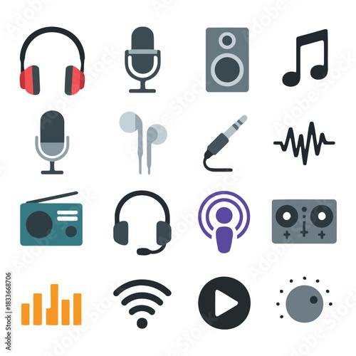 Audio icons collection: A diverse collection of audio icons, each uniquely representing the diverse components of sound and media. The icons provide a glimpse of sound, music, podcast and technology