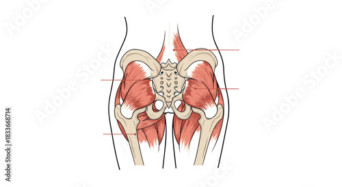 Posterior view anatomical illustration of the human hip and pelvic region with labels for the gluteal muscles and bones.