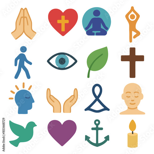 Harmony in Visual: A vibrant collection of symbolic icons, inviting contemplation of spiritual and emotional well-being, including symbols of faith, love, peace, mindfulness, and balance.
