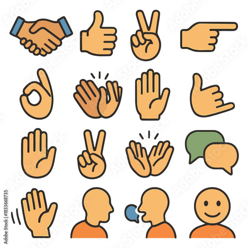Expressive Gestures: An assortment of human hand gestures and actions, rendered in a colorful flat design, offers a versatile visual vocabulary for communication and interaction. 