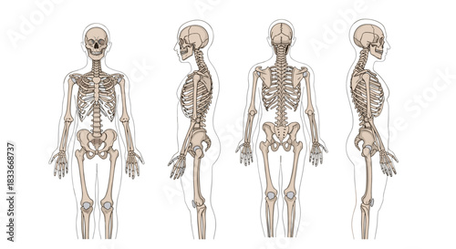Set of four anatomical illustrations of the human skeleton from anterior, posterior, and two lateral views on a white background.