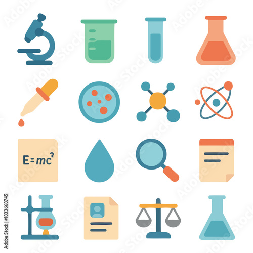 Science Icons: A collection of vibrant science icons, representing essential tools and concepts. Evoking the world of discovery and experimentation
