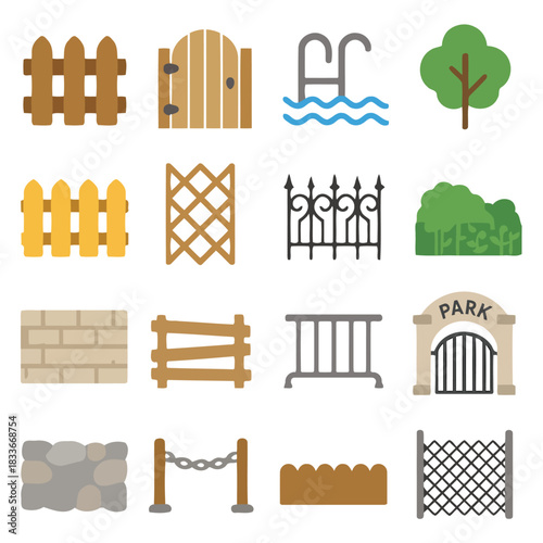 Variety of Garden Elements: A collection of illustrative elements showcases diverse aspects of garden design, from fences and gates to trees, bushes, and pool