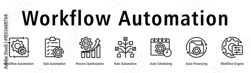Workflow Automation banner with icons of Workflow Automation, Task Automation, Process Optimization, Rule Automation, Auto Scheduling, Auto Processing, and Workflow Engine.
