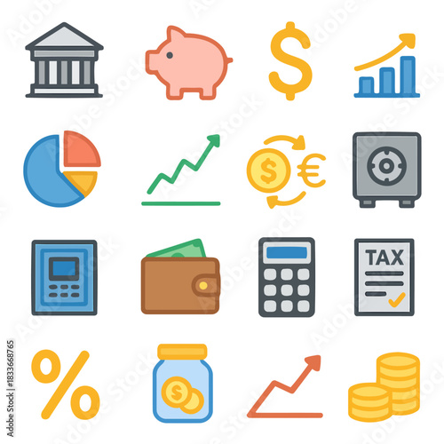 Financial Icons: A collection of various finance icons representing banking, savings, and investment. A visually appealing set for financial concepts.