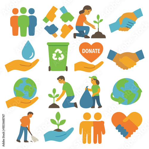 Illustration of Community Conservation Icons: A collection of vibrant icons, representing the spirit of community, recycling, and the harmonious act of safeguarding our planet.