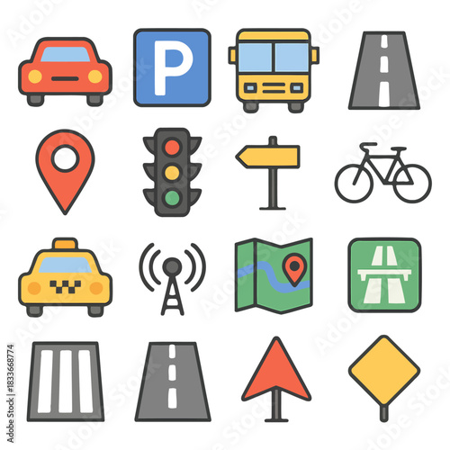 Navigational Icons: A collection of various icons related to transportation and wayfinding, including cars, signs, and landmarks, set against a simple background. 