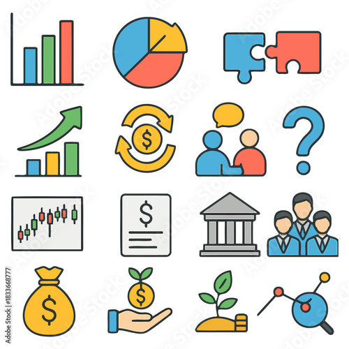 Visualizing Business Concepts: A collection of icons representing essential business concepts, each with a unique visual language, offers a concise representation of finance and strategies.