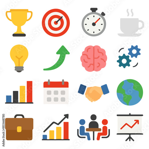Business Icons Collection: A vibrant collection of business icons and symbols is displayed, encompassing elements essential to the world of business and achievement.