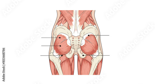 Labeled anatomical diagram from a posterior view showing the muscles of the human pelvic girdle, including the gluteal muscles.