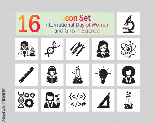 International Day of Women and Girls in Science Icon Set With 16 Symbols icons