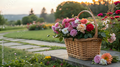 flowers in the garden, Fresh-cut flowers in a wicker basket, outdoor garden background, natural soft light