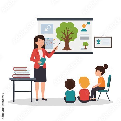 Illustration of a Teacher Presenting a Tree Diagram to Students