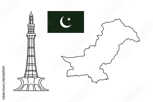 Pakistan Landmark Map Flag and Minar-e- Pakistan Outline minar e pakistan