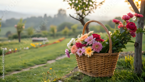 basket of flowers, Fresh-cut flowers in a wicker basket, outdoor garden background, natural soft light