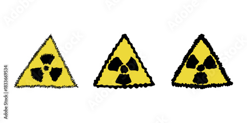 Set of hand drawn radiation sign Nuclear radiation hazard symbol Radioactive danger warning doodle Radioactive waste Single element for print, web, design, decor
