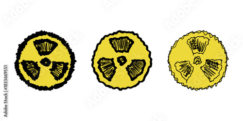 Set of hand drawn radiation sign Nuclear radiation hazard symbol Radioactive danger warning doodle Radioactive waste Single element for print, web, design, decor