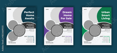 Minimal Real Estate Promotion Flyer template and Residential Real Estate Agency Flyer design 3 color vector