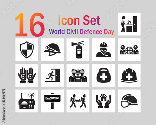 World Civil Defence Day Icon Set Featuring Safety And Emergency Symbols shield helmet