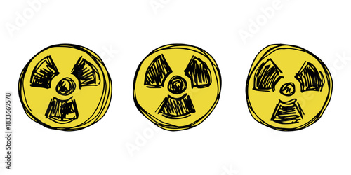 Set of hand drawn radiation sign Nuclear radiation hazard symbol Radioactive danger warning doodle Radioactive waste Single element for print, web, design, decor