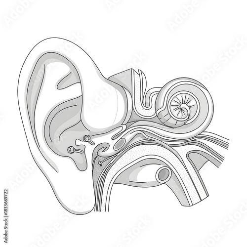 A clean, high-resolution vector illustration of the detailed human ear structure, emphasizing the cochlea and internal pathways. Features smooth curvature, accurate medical proportions, and intricate 