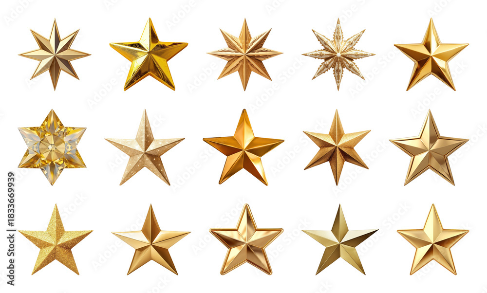 Obraz premium PNG Golden stars in various designs, element set on transparent background