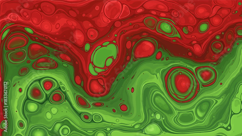 Abstract fluid art featuring swirling patterns of vibrant red and green, creating a visually dynamic and organic design.