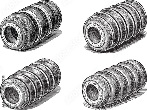 Vintage engraved Czech trdelník chimney pastry icon set featuring rolled dough cylinder, sugar coating and classic bakery style