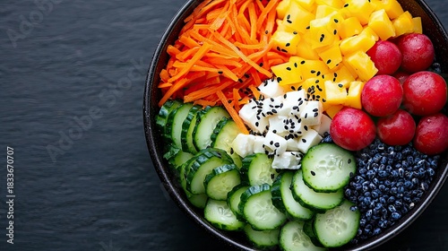 Fototapeta Naklejka Na Ścianę i Meble -  Close-up of a colorful and healthy salad bowl with various fresh vegetables and fruits arranged on a dark background. Includes carrots, cucumbers, mango, and ra