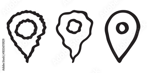 Set of hand drawn map pin Map marker pointer sign GPS and mapping tools Location pin symbol Pinpoint clipart in doodle style Single element for web, design
