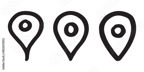Set of hand drawn map pin Map marker pointer sign GPS and mapping tools Location pin symbol Pinpoint clipart in doodle style Single element for web, design