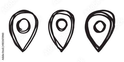 Set of hand drawn map pin Map marker pointer sign GPS and mapping tools Location pin symbol Pinpoint clipart in doodle style Single element for web, design