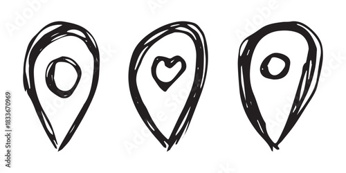Set of hand drawn map pin Map marker pointer sign GPS and mapping tools Location pin symbol Pinpoint clipart in doodle style Single element for web, design