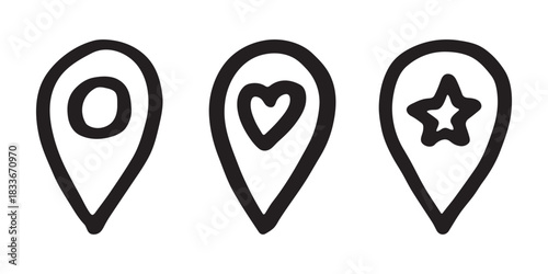 Set of hand drawn map pin Map marker pointer sign GPS and mapping tools Location pin symbol Pinpoint clipart in doodle style Single element for web, design