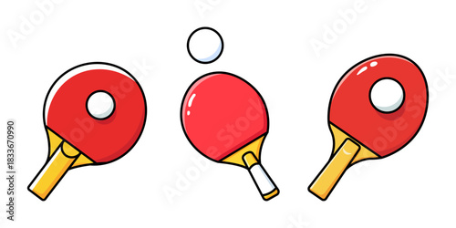 Three Red Ping Pong Paddles and White Ball Isolated on White Background