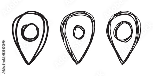 Set of hand drawn map pin Map marker pointer sign GPS and mapping tools Location pin symbol Pinpoint clipart in doodle style Single element for web, design