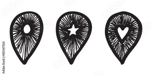 Set of hand drawn map pin Map marker pointer sign GPS and mapping tools Location pin symbol Pinpoint clipart in doodle style Single element for web, design