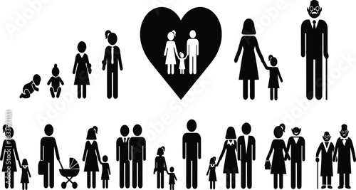 Black and white pictogram family life cycle stages and diverse family units baby