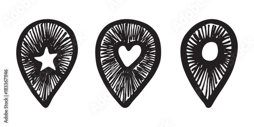 Set of hand drawn map pin Map marker pointer sign GPS and mapping tools Location pin symbol Pinpoint clipart in doodle style Single element for web, design