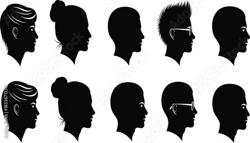 Black and white silhouettes of diverse human profiles in profile view head face