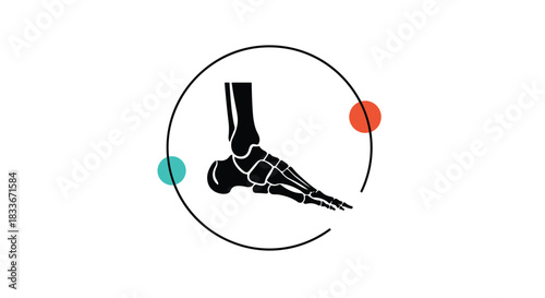 Minimalist black and white icon of a human foot skeleton in profile, enclosed in a circle for a podiatry or orthopedic logo concept.