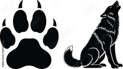 Black silhouette of a wolf howling next to a paw print animal 1